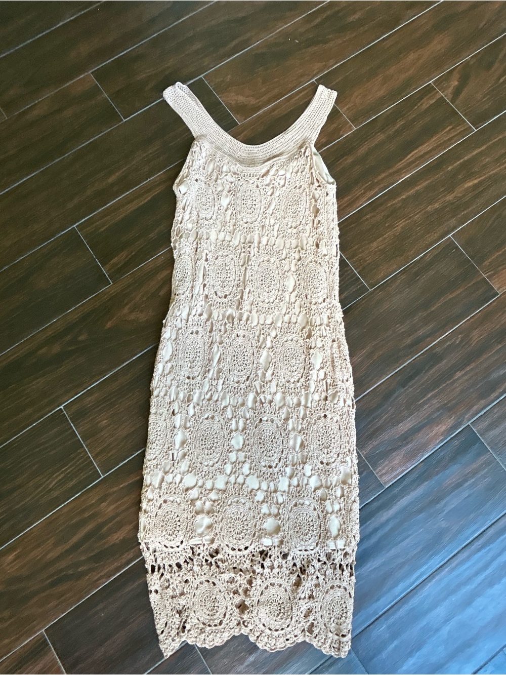 Beige Crochet Midi Dress - Sleeveless Crochet Knit Midi